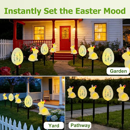 AVEKI 5 Pcs Easter Bunny and Egg Solar Pathway Lights Outdoor, Stake Lights with Steady & Flashing Modes, Waterproof Outdoor Garden Lights for Easter Decorations Yard Pathway (Bunny and Egg)