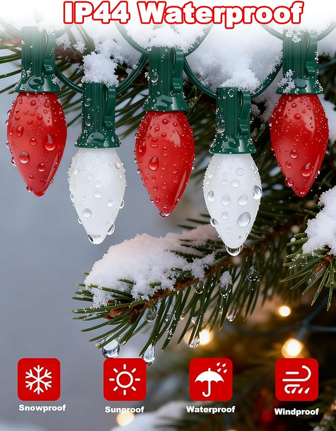 C7 LED Christmas Lights,25ft Red and White Outdoor String Lights with 27 Ceramic Bulbs(2 Spare), Plug-in Vintage Commercial Christmas Lights String for Outside Roofline Patio Holiday Decor