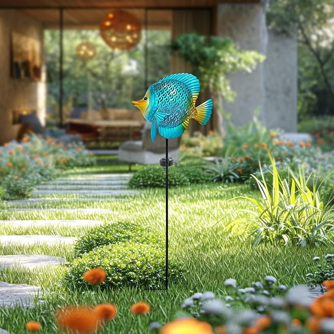 HONGLAND Solar Pathway Lights, Outdoor Solar Powered Garden Lights with Warm Yellow LED, Metal Fish Design Stake for Lawn, Yard, Patio and Landscape Decoration (Waterproof)