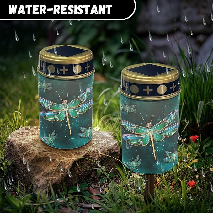 Dragonfly Green Galaxy Outdoor Solar Garden Lights Waterproof Pathway Lights Stake Lights Outdoor Decorations for Patio/Yard/Driveway Walkway Lights Flameless Outdoor Table Lamp