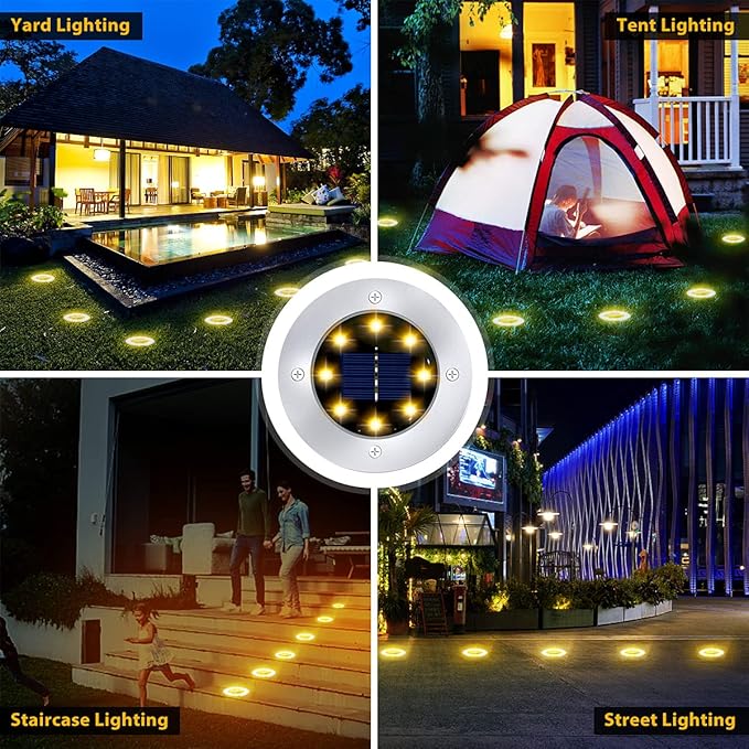 12 Pack 8LED Solar Garden Lights Outdoor Waterproof Sidewalk Disk Bright In-Ground Landscape Lighting for Lawn | Lumora