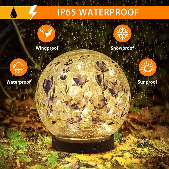 Solar Globe Lights Outdoor Waterproof, Cracked Glass Ball Orb Lights, Waterproof Globes for Garden Pathways, Patio Decor & Backyard Landscaping, Round Ornaments Orbs (Blue Flower)