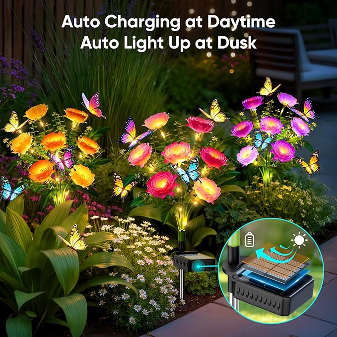 Solar Flowers Lights Outdoor Waterproof: 3 Pack LED Solar Lights Decorative for Outside Garden Decor with Butterfly Auto-On/Off for Yard Landscape Lighting, Gifts for Mom Gardening Enthusiasts