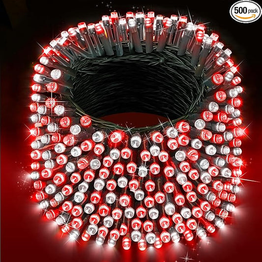XURISEN Christmas Lights Outdoor 197FT 500 LED Green Wire String Lights 8 Modes with Timer Memory Waterproof Fairy Light Plug in for Xmas Tree Wedding Yard Party Holiday Decorations(Red+White)