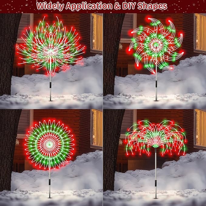 Enhon 4 Pack Plug in Christmas Pathway Firework Lights, 1440 LED Waterproof Xmas Garden Starburst Stake Lights with 8 Modes for Driveway Walkway Yard Lawn Patio Decorations(Red, Green)