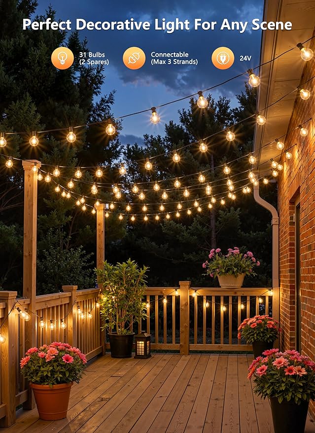 Brightown 100Ft Outdoor String Lights with Remote, 31 Shatterproof G40 LED Bulbs, Waterproof Connectable Hanging | Lumora