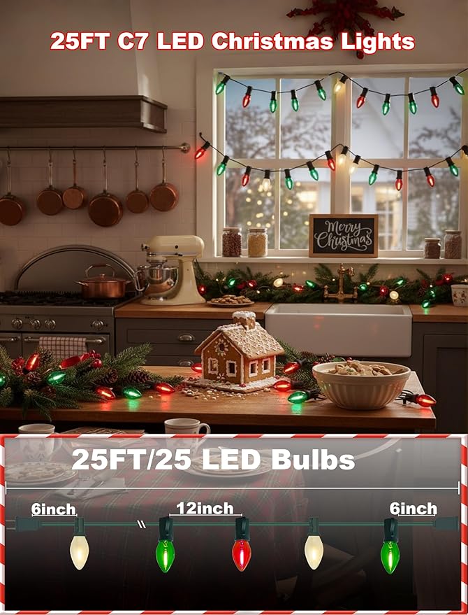 25FT Red Green White Christmas Lights,Multicolor LED C7 Christmas String Lights with 27 LED Bulbs,Dimmable Hanging Lights Candle for Outside Porch Garden Roofline Party Decor