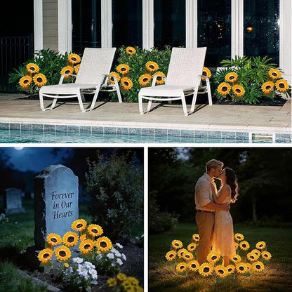 Solar Sunflower Lights Outdoor, 2 Pack Waterproof Artificial Flowers for Grave Decorations - Solar Powered Grave Flowers for Cemetery, Memorial Day, Christmas, Mother's Day, Father's Day Gift