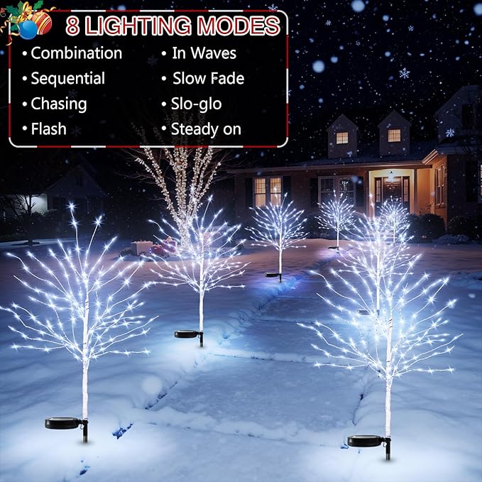 8 Pcs Solar Christmas Decoration Outdoor, 35In Birch Tree Stake Lights with 140 LED, 8 Mode, Waterproof Solar Pathway Garden Lights for Patio Yard