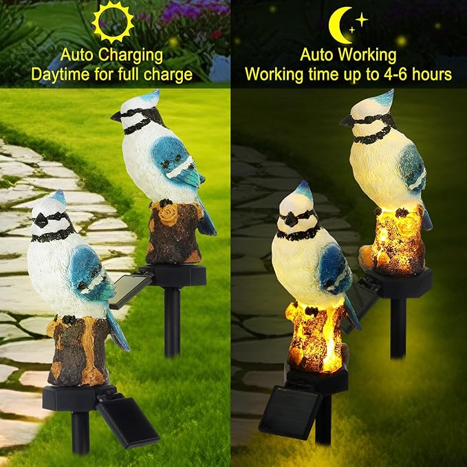 Baquler 2 Pack Blue Jay Solar Lights Blue Jay Outdoor Decor Bluebird Solar Light Bird Figurine Garden Stake for Pathway Garden Lawn Yard Decorations