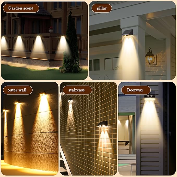 Solar Wall Lights-4 Pack,IP65 Waterproof Outdoor,40 Lumens Brighter Double LED, Auto On/Off, Warm White for Fence, Patio, Steps, Backyard