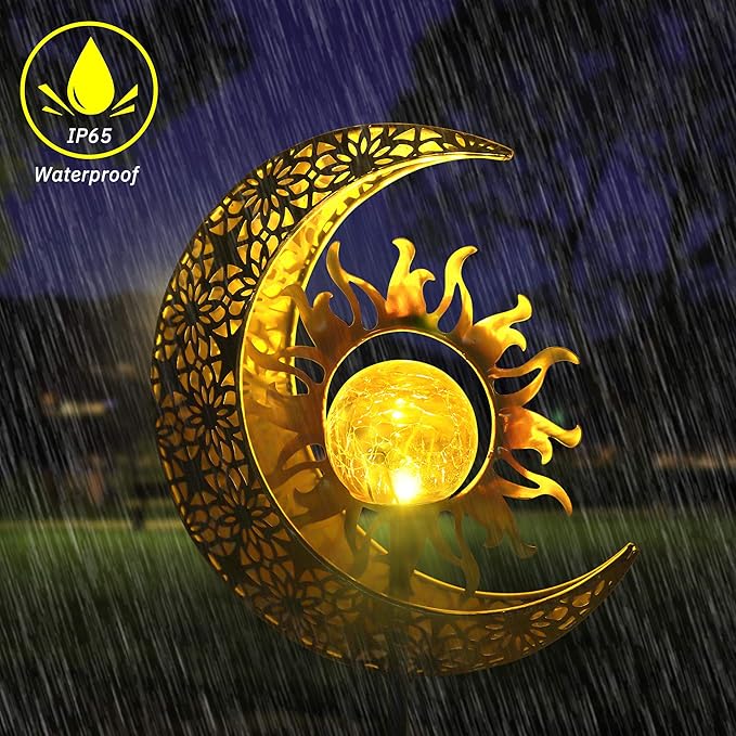 Solar Christmas Gifts Garden Statues Outdoor Decor, Moon Sun Figurine Light Stake, Housewarming Ornament for Patio, Lawn, Yard, Pathway - Unique Gift Ideas for Gardening Mom Grandma