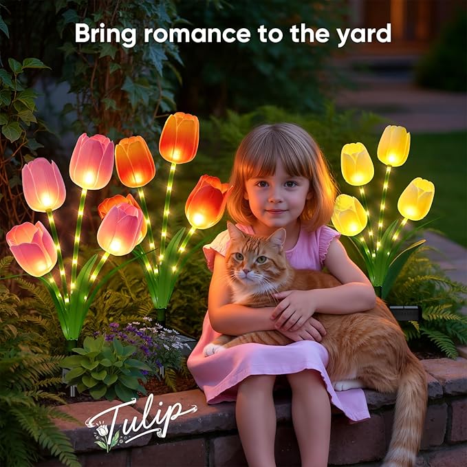 Solar Tulip Lights Outdoor: 3-Pack Solar Flower Garden Lights with Bendable Stems - IP65 Waterproof 800mAh for 12H Lighting - Auto On/Off Garden Decor - Gifts for Mom - Orange Pink Yellow