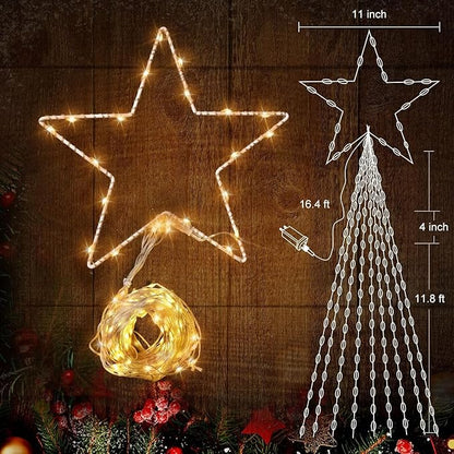 Christmas Decorations Star String Lights - 344 LED 11.8ft 9 Strands Waterfall Tree Lights with Topper Star, 8 Lighting Modes Christmas Lights Indoor Outdoor Decorative for Wedding Yard Party Home