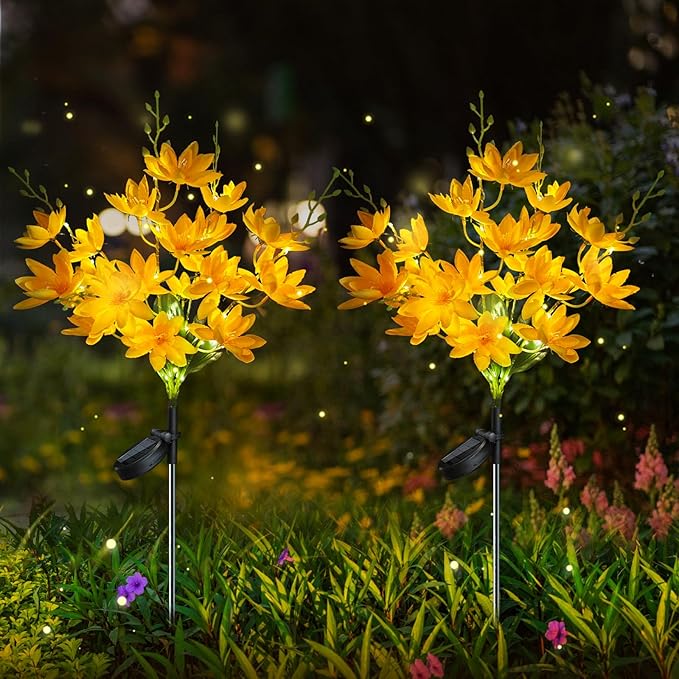 Neporal Solar Flowers Outdoor Waterproof IP65, 5-Head Snow Lotus with 20+ Flowers, Warm LED Light & 2 Lighting Modes, Decorative Solar Lights Outdoor Garden, Yard, Pathway, Flower Bed (2-Pack, Yellow)