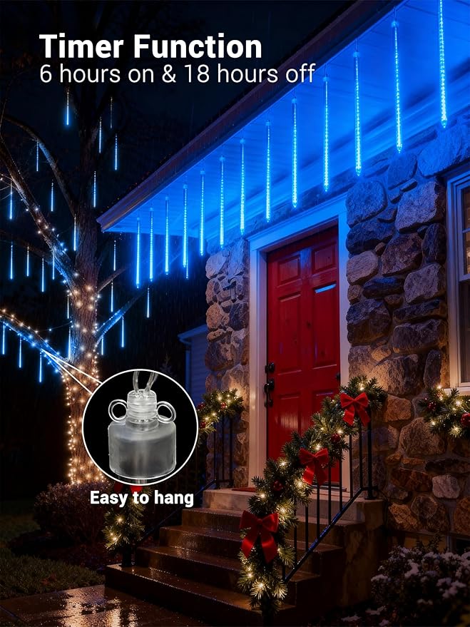 Flacchi Meteor Shower Icicle Lights - 5 Tubes 20" Each 270 LED Cascading Raindrop Lights, Timer Outdoor Waterproof | Lumora