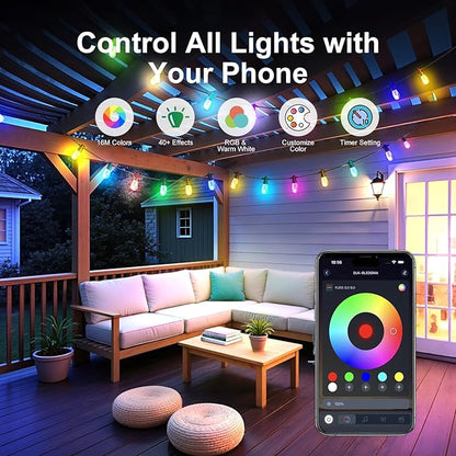 Outdoor String Lights 27ft, Patio Lights with 10 Dimmable LED Bulbs, RGBW & Warm White, IP67 Waterproof, Shatterproof, APP & Remote Control, Color Change, Customizable Colors for Backyard Décor