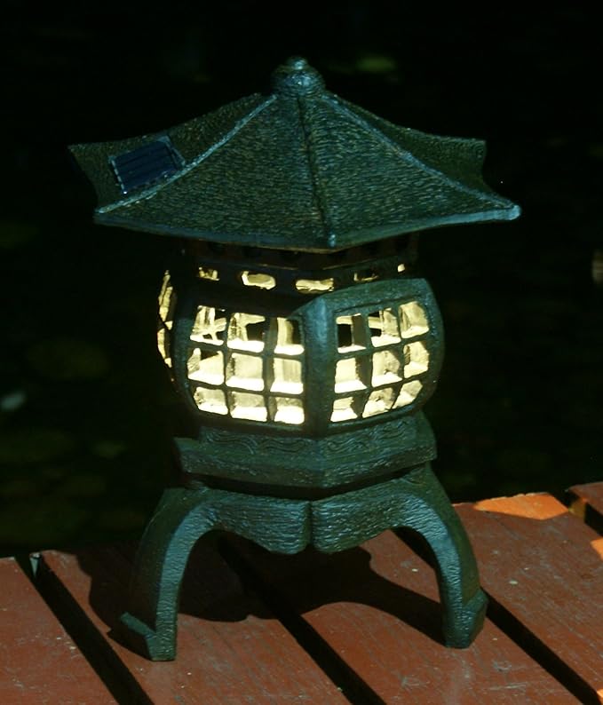TIAAN Japanese Garden Lantern, “Yukimi-gata” Designed, Super Bright LED Illuminated Pagoda Light, Solar Power Garden Lantern， Stone-Look Finish, Decorative Outdoor (Oki-gata)