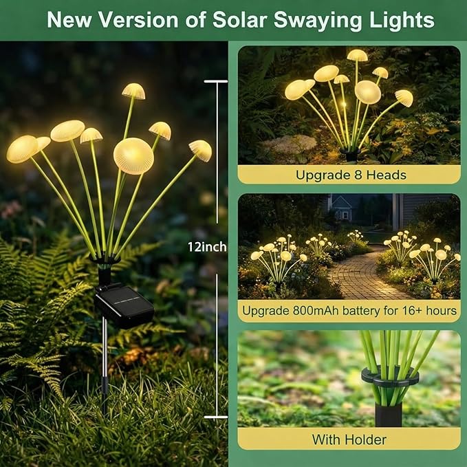 6 Pack Solar Garden Lights, 48 LEDs Swaying Mushroom Lights with 8 Lighting Modes, IP65 Waterproof Outdoor Decor for Garden, Yard, Patio, Pathway (Warm White)
