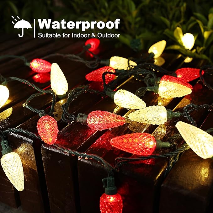 Brizled Red & Warm White C9 Christmas Lights, 33ft 50 LED Faceted Outdoor Christmas Lights, Connectable Xmas Tree Light, UL Certified Indoor Light String Waterproof for Outside House Roof Party Decor