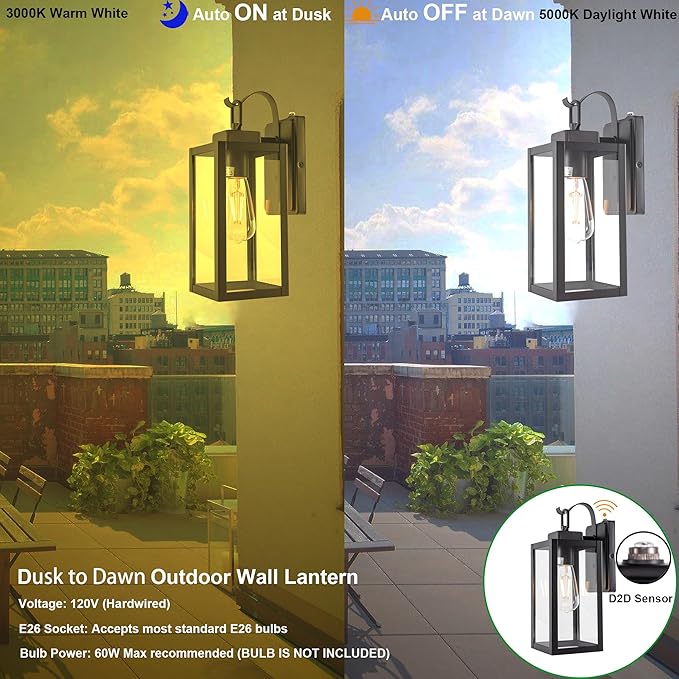 GRUENLICH Dusk to Dawn Outdoor Wall Lantern, Wall Sconce for Porch Lighting Fixture, E26 Base Max 60W, Metal Housing Plus Glass, Matte Black Finish, Bulb Not Included, 1-Pack