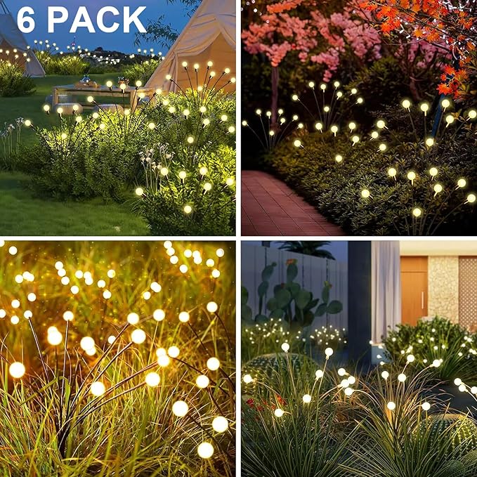 New Upgraded Solar Firefly Lights Outdoor Waterproof 6 Pack 48 LED 19 Modes USB Rechargeable Solar Garden Lights with Remote Timer Dimmable for Yard Patio Landscape Outside Decorations Light, Warm