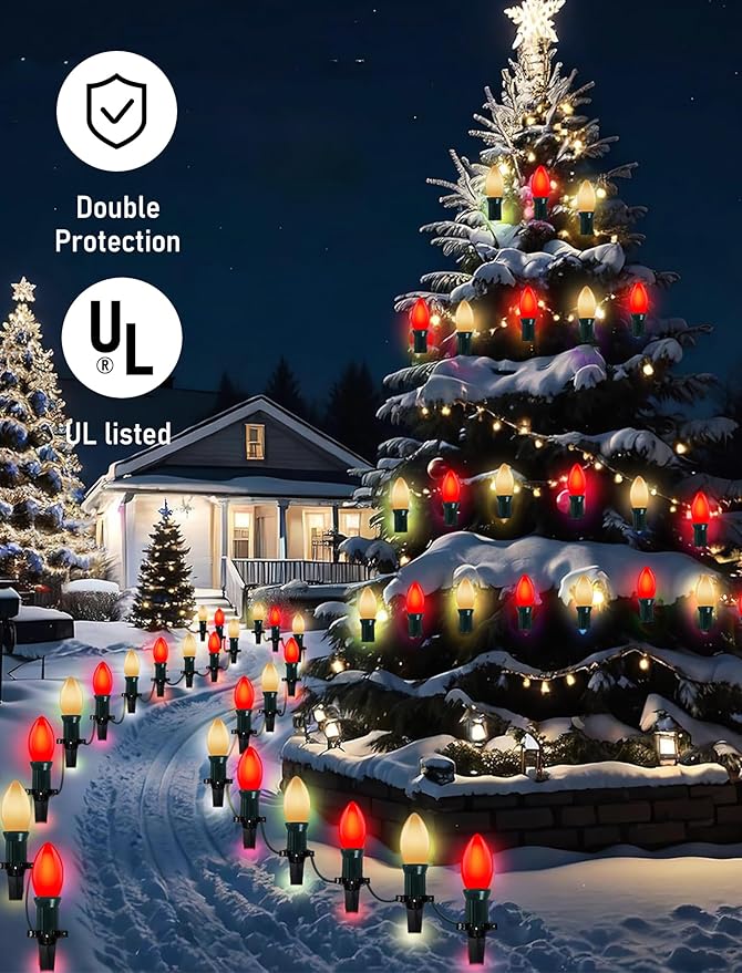 25Ft LED C9 Red and White Christmas Lights Outdoor, C9 Vintage Christmas Lights with 26 LED Red and White Bulbs | Lumora