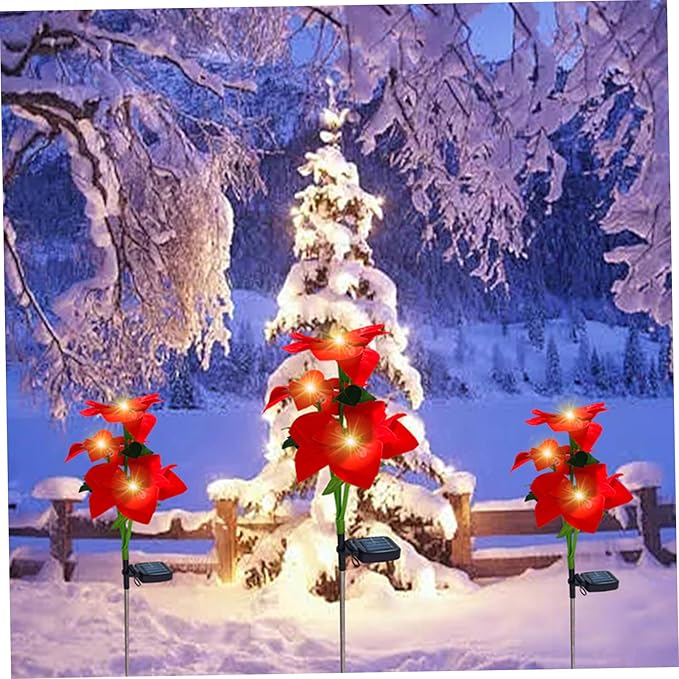 4PCS Solar Flower Lights Waterproof Solar Poinsettias Artificial Christmas Flowers Light with Stake for Pathway Yard Garden Patio Lawn Outdoor