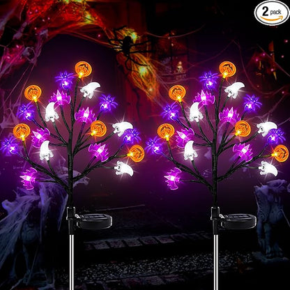Halloween Decorations Outdoor Solar Lights, 2 Pack Halloween Lights Outdoor Solar Lights Waterproof with 20 LED Ghosts Bats Spiders Pumpkin Light, 8 Modes Solar Pathway Lights for Halloween's Decor