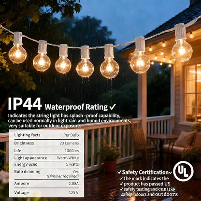 Abeja 25FT Outdoor White String Lights, G40 Globe Patio Lights with 27 Clear G40 Bulbs, Waterproof Hanging Outdoor Light for Backyard Porch Balcony Party Decor - White Wire