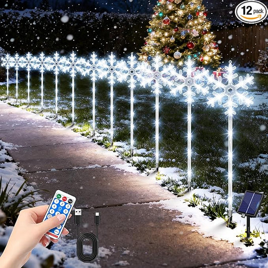 Solar Lights Outdoor Christmas Decorations 12 Pack - 192 LEDs Solar Christmas Snowflake Pathway Lights Outdoor with Remote & 8 Lighting Modes, Waterproof Xmas Lights for Garden Yard, Cool White