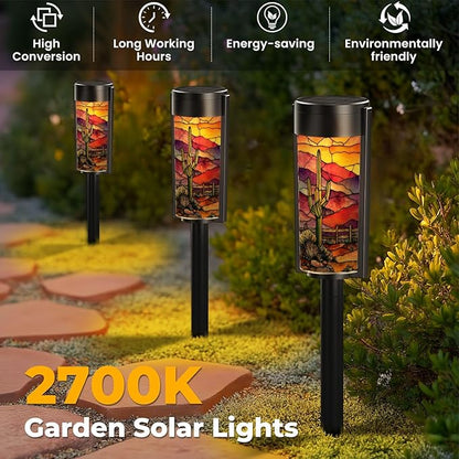 8 Pack Solar Pathway Lights Outdoor Waterproof Southwest Cactus Stained Glass Window Western Motifs Sunset Solar Garden Lights LED Landscape Lighting for Yard Walkway Lawn Garden Decor
