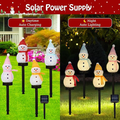 Lewondr Snowman Christmas Decorations Lights, 4PCS Solar Lighted Snowman with Garden Stakes, Waterproof Garden Lawn Pathway with 8 Lighting Modes, Solar Christmas Lights Decor for Yard Outdoor