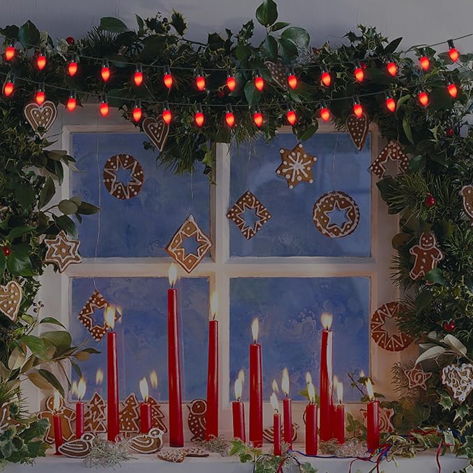 25Ft C7 Red Christmas Lights, C7 Vintage Christmas String Lights with 27 Red Ceramic Bulbs,Roofline Light String | Lumora