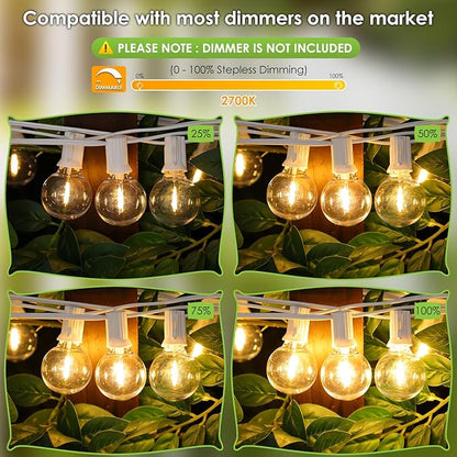 Mlambert 200Ft(2x100Ft) LED Outdoor String Lights, Dimmable G40 Globe Patio Lights with 100+5 2700K Waterproof Bulbs for Balcony-White Cord 2 Pack