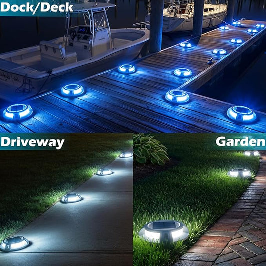 SIEDiNLAR Solar Driveway Lights Outdoor 4 Modes 40 LEDs Deck Driveway Markers Marine Dock Light Waterproof for Ground Walkway Pathway Step Garden Yard, Blue/White Dynamic Lighting (12 Pack)