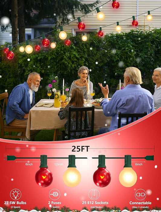 SUNSGNE G40 Frosted Red and White Christmas Lights, 25FT Christmas Round Lights with 25 Frosted Red and White Globe Bulbs for Outdoor Indoor Xmas Pergola Gazebo Patio Yard Decorations