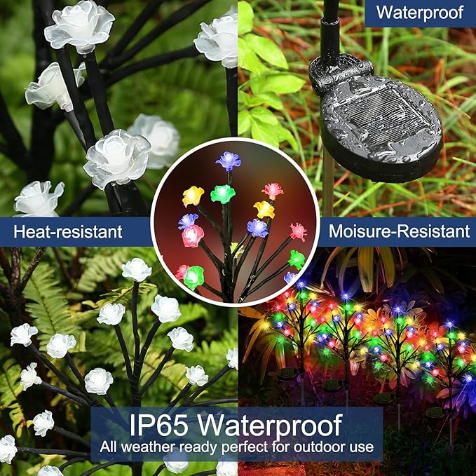 Solar Garden Lights Decorative, Solar Outdoor Lights Waterproof 4Pack,80Led Rose Solar Flower Lights Garden Decor, Solar Lights for Outside Yard,Patio,Christmas Decorations Gardening Gifts