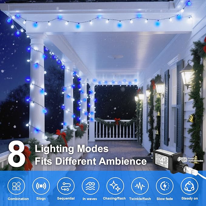 Led String Lights 500LED 165 ft Indoor/Outdoor Fairy String Lights 30V 8 Modes Christmas Lights for Home, Christmas Tree, Wedding Party, Room,Wall Decoration, Indoor&Outdoor(Blue+White)