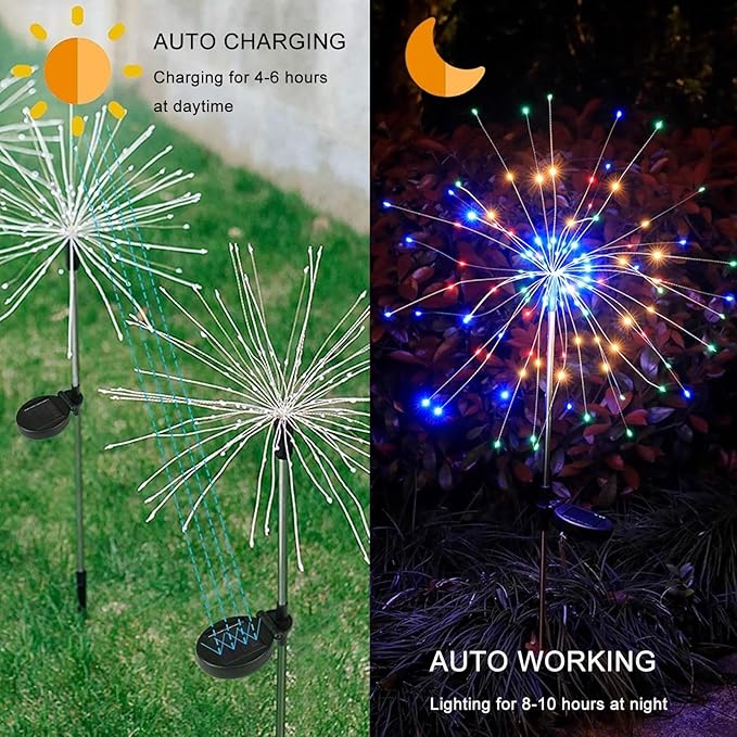 Solar Garden Firework Lights Outdoor Waterproof, 2 Pack 200 LED 8 Lighting Modes Sparklers Solar Twinkling Starburst Lights for Yard Flowerbed Pathway Fence Decorations, Multicolor