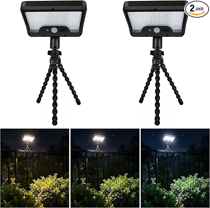Solar Motion Lights Outdoor with Flexible Octopus Tripod, 12V Low Voltage Lights with Type-C USB, IP65 Waterproof Directional Fixture Black for Fence Travel [2-Pack]