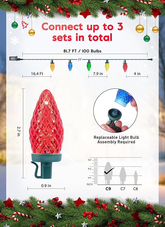 Minetom C9 Christmas Lights Outdoor, 81 Feet 100 LED String Lights with Timer & 8 Light Mode, Waterproof Commercial | Lumora