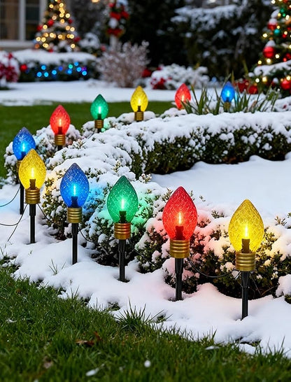2 Pack Jumbo C9 Christmas Pathway Lights Outdoor, 7FT LED With Marker Stakes, Diamond Pattern Multicolor Light Bulb for Lawn Yard Garden Christmas Decor