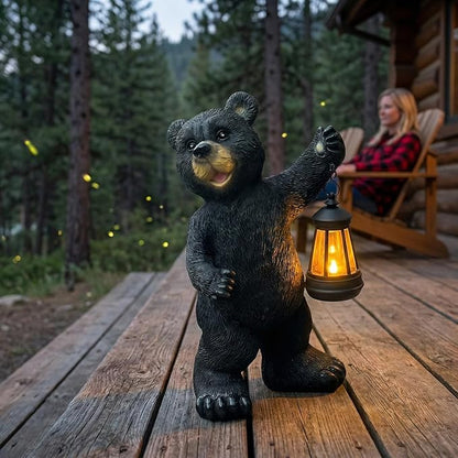 Solar Black Bear Garden Statue with LED Lantern - 14'' Outdoor Resin Animal Sculpture, Auto-On/Off Solar-Powered Waterproof Lawn Decor, 10-12H Long-Lasting Lighting for Patio/Yard/Porch