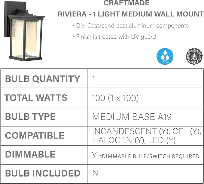 Craftmade Z3714-OBO Riviera Antique-Inspired Outdoor Mission Style Wall Mount Sconce Lighting, 1-Light 100 Watt (6"W x 14"H), Oiled Bronze