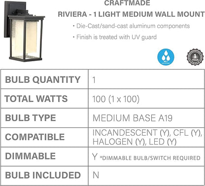 Craftmade Z3714-OBO Riviera Antique-Inspired Outdoor Mission Style Wall Mount Sconce Lighting, 1-Light 100 Watt (6"W x 14"H), Oiled Bronze