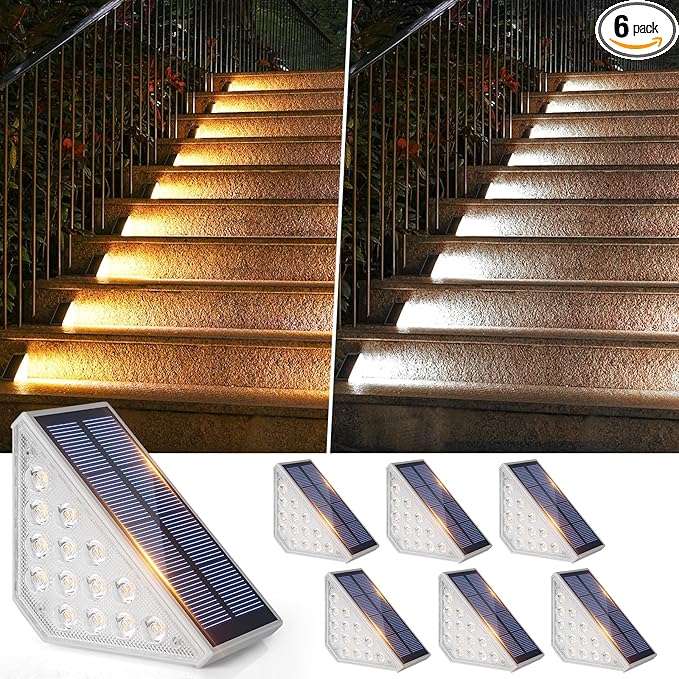 6 Pack Solar Stair Lights for Outside, Upgraded 2-in-1 Solar Powered Step Lights Waterproof IP67, Warm White/Cool White, Auto On/Off Outdoor Light for Deck Patio Front Porch Garden Walkway Yard