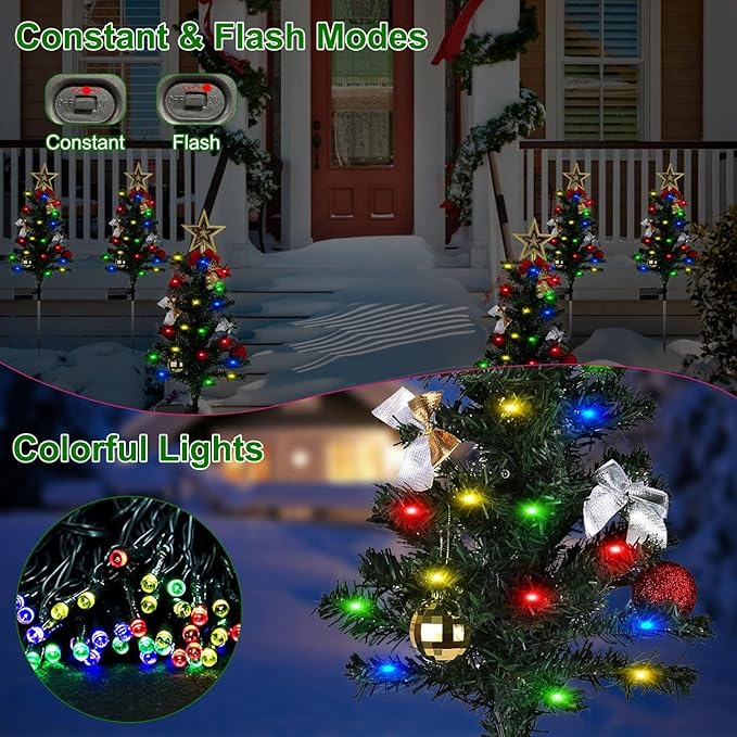 4 Pack Solar Christmas Decorations Tree Lights, Upgraded Outdoor Solar Stake Decorative Lights Xmas Tree W/20 LED-RGB Lights, IP65 Waterproof, Dual Lighting Modes,for Garden Pathway Lawn Patio