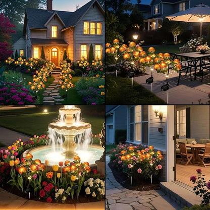 2 Pack Outdoor Solar Garden Lights Decor, Waterproof Solar Powered Flowers Lamp, Decorative 14PCS Artificial Dahlia with Warm White LEDs, 29.5 INCH Solar Lights for Pathway Fence Yard Patio Lawn Porch