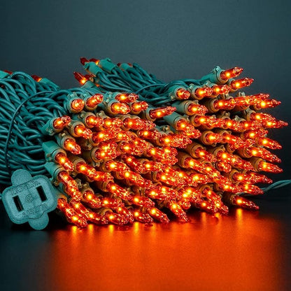 YULETIME 200 Orange Christmas Lights, Pack of 2 Sets 33 Feet 100 Count UL Certified Incandescent String Lights (Orange - Green Wire)